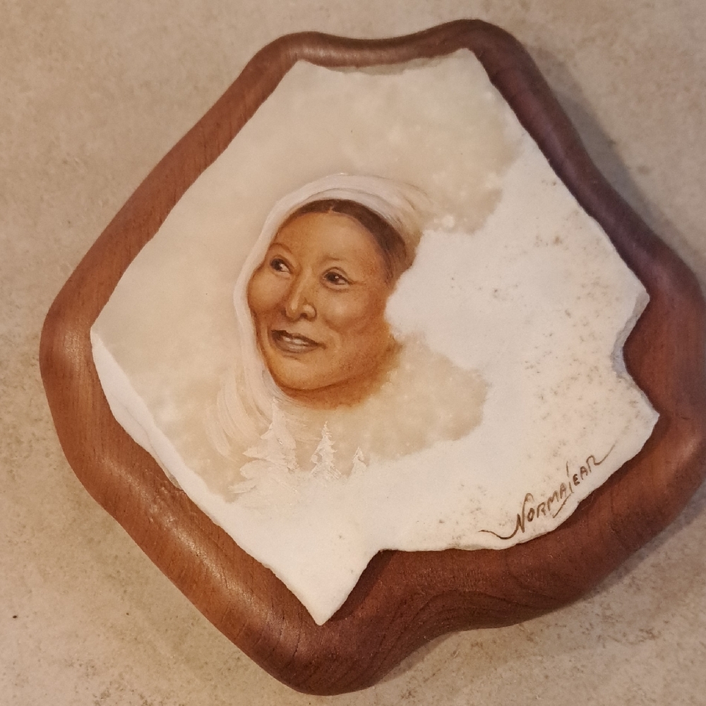 Hand Painted Native American Woman On Rock. Mounted On Wood
